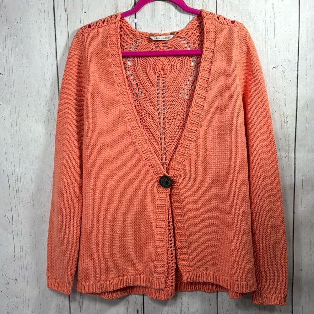 Soft Surroundings Coral Open Knit Crochet Cardigan Boho Chic Feminine Layering